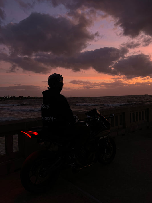 Black heavyweight Riding is Therapy motorcycle streetwear hoodie by MSRY