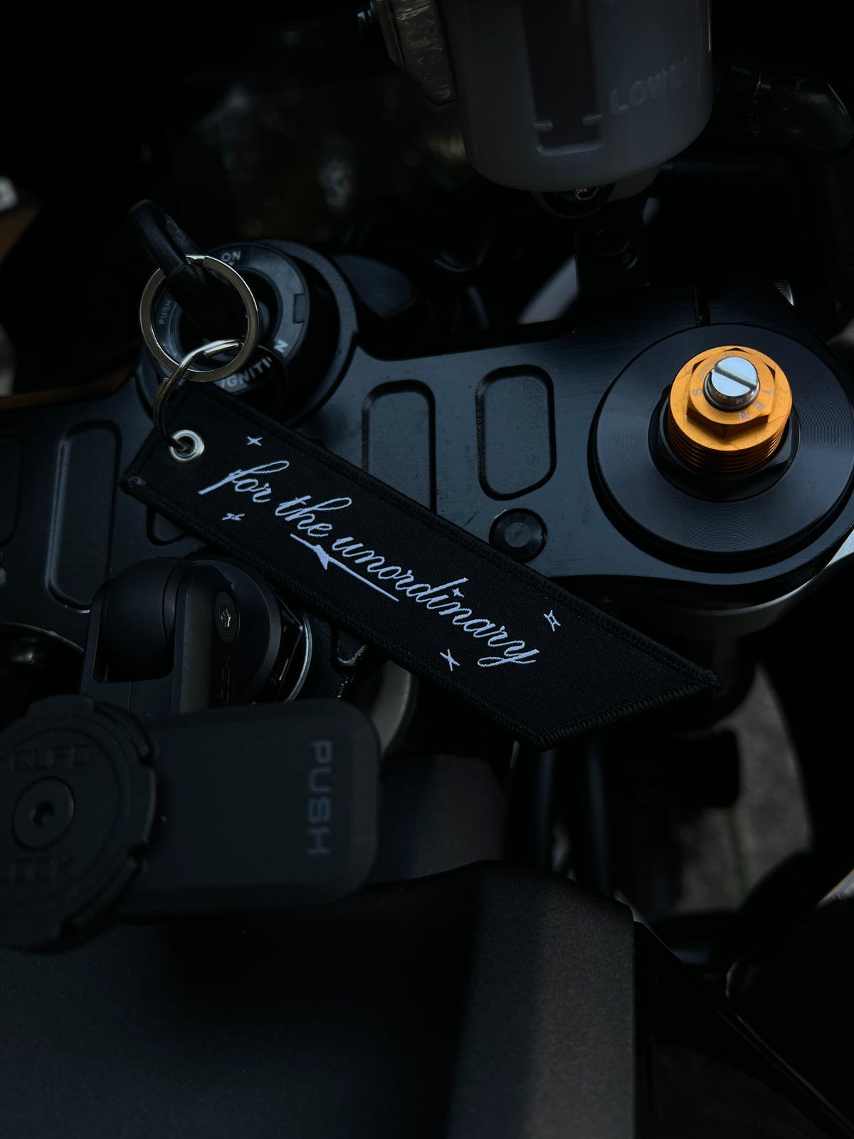 for the unordinary MSRY motorcycle-inspired key tag in black