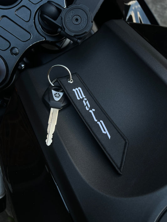 MSRY motorcycle-inspired key tag in black